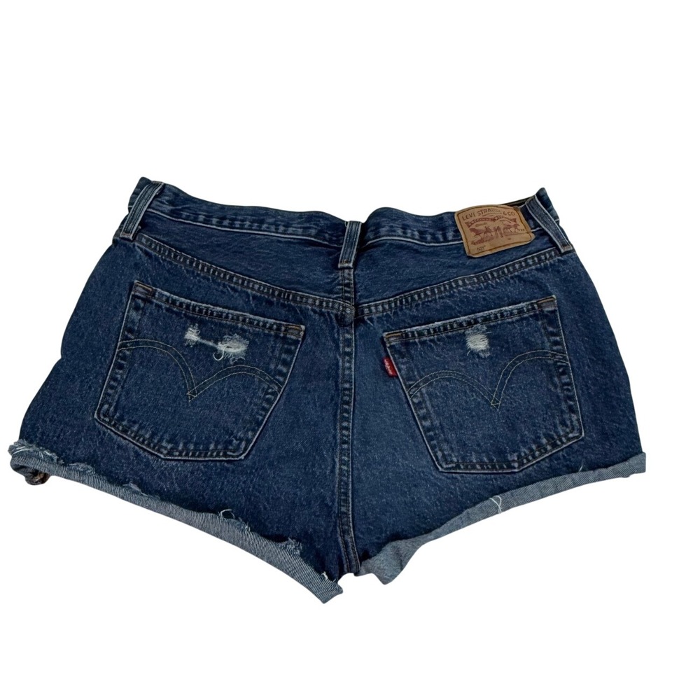 Levis 501 Original Denim Shorts Blue Distressed High Rise Frayed Hem Womens 32 - Picture 2 of 11